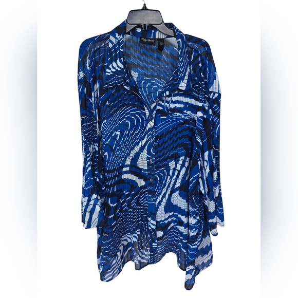 Maggie Barnes Pleated Tunic Shirt 5x Plus BlueBlack Button Up Long Sleeve Strect - Picture 1 of 12